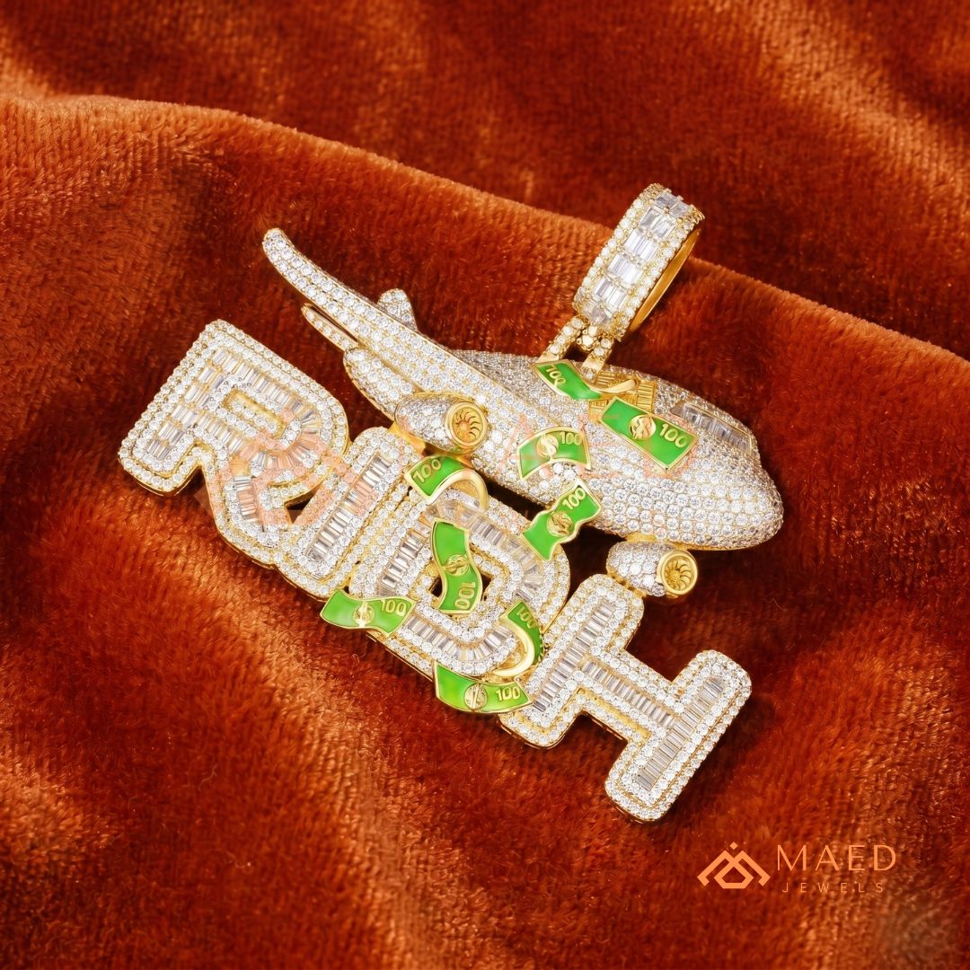 "RICH" Jet & Money Statement Pendant – Iced Out Luxury Medallion