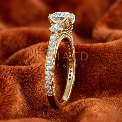 Vintage 3-Stone Round Engagement Ring in 14K Gold, Rose Gold & Silver | Antique Milgrain Pave Moissanite Ring for Women