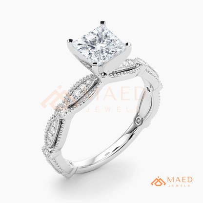 Princess Cut Vintage Engagement Ring in 14K Gold, Rose Gold & Silver | Antique Milgrain Pave Moissanite Ring for Women