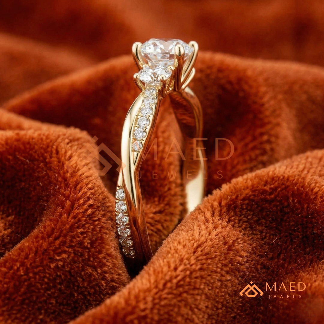 Classic 3-Stone Twisted Pavé Diamond Simulant Ring in Gold, Rose Gold & Silver