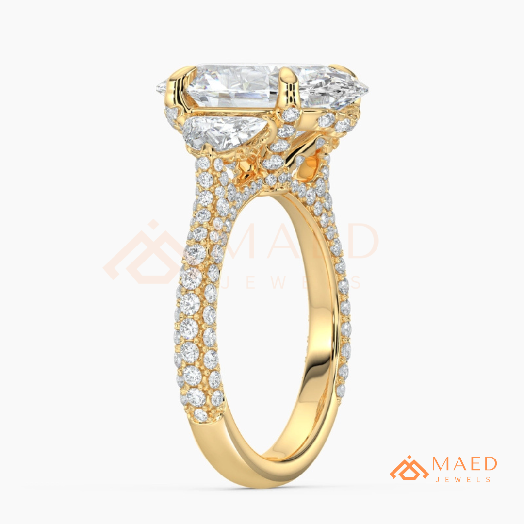 Oval Cut Engagement Ring with Half Moon Side Stones and Pavé Band in Silver, 14K Gold, & 14K Rose Gold