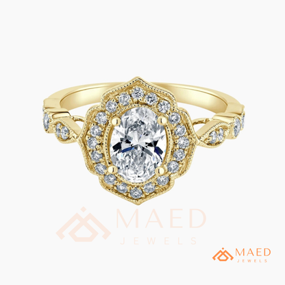 Vintage Oval Cut Art Deco Halo Engagement Ring | Milgrain Band in 14k Gold & Silver