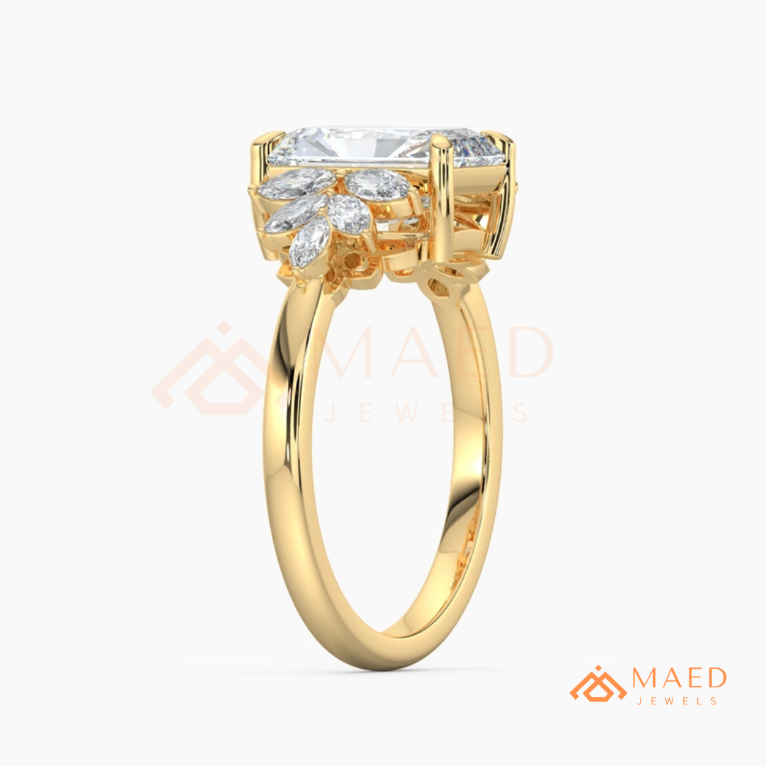 Radiant Cut Engagement Ring with Marquise Diamond Lotus Cluster in 14K Gold, Rose Gold & Silver