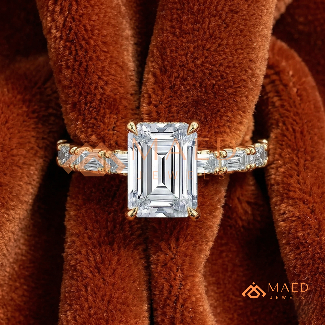 Classic Emerald Cut Solitaire Ring with Emerald Band Eternity Shank