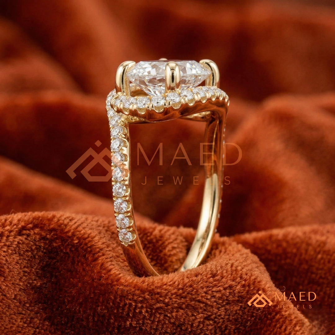 East-West Oval Cut Halo Engagement Ring | Bypass Pavé Band in 14K Gold, Rose Gold & Sterling Silver
