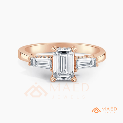 Emerald Cut Three-Stone Engagement Ring with Tapered Baguettes in Silver, 14K Gold, & 14K Rose Gold