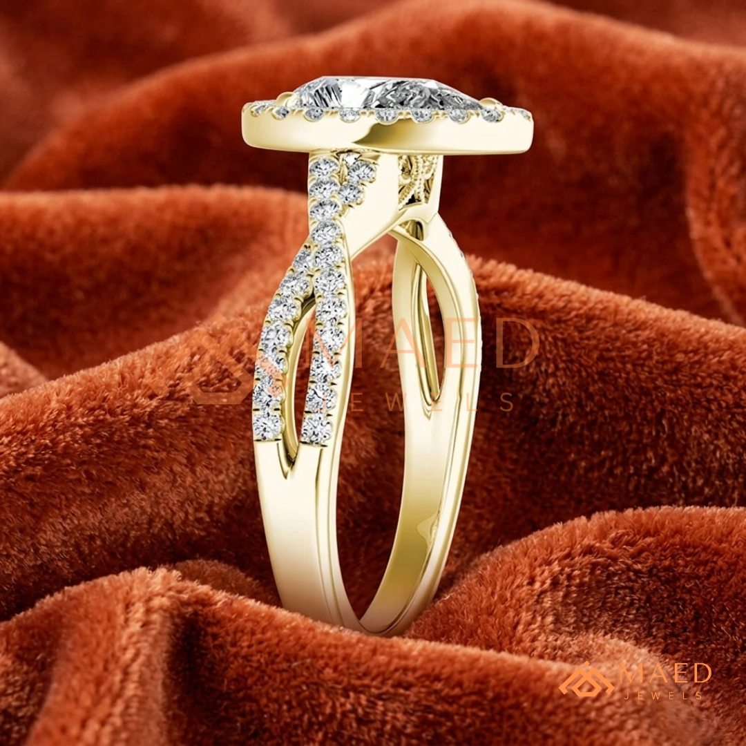 Pear-Cut Moissanite/Diamond Halo Engagement Ring with Twisted Pavé Band
