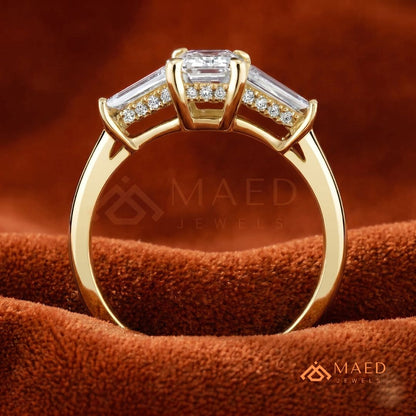 Emerald Cut Three-Stone Engagement Ring with Tapered Baguettes in Silver, 14K Gold, & 14K Rose Gold