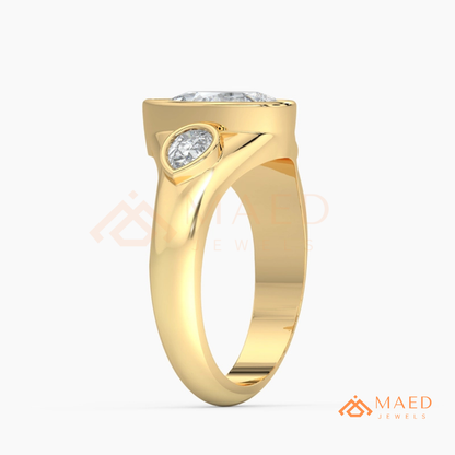 Modern Three-Stone Pear Shaped Bezel Engagement Ring in Silver, 14K Gold & Rose Gold