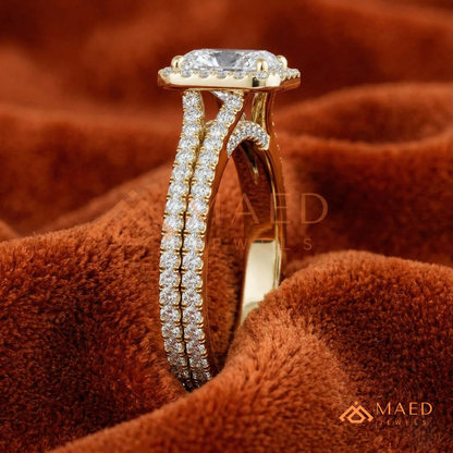 Radiant-Cut Halo Engagement Ring with Split-Shank Pavé Band