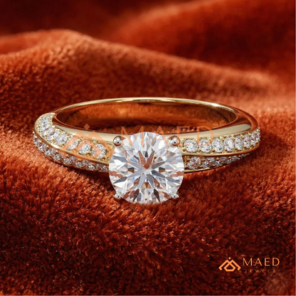 Round Brilliant Cut Ring with Double Row Pavé Band | 14k Gold, Rose Gold & Silver