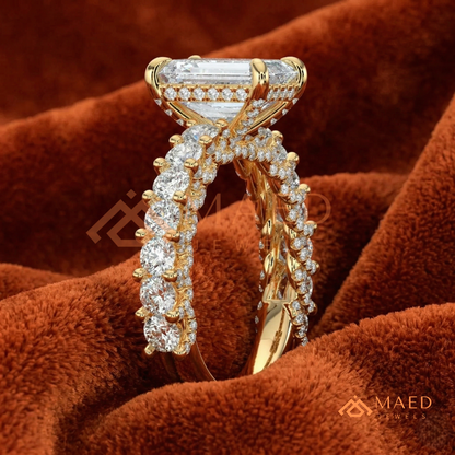 Emerald Cut Engagement Ring with Large Round Accent Band in Silver, 14K Gold, & 14K Rose Gold