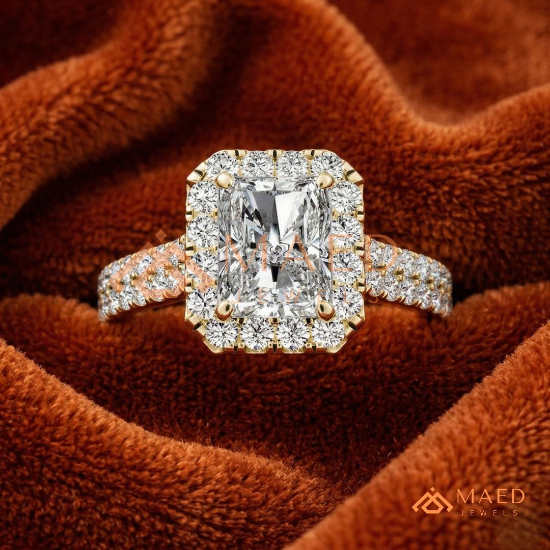 Radiant Cut Halo Engagement Ring with Pavé Band – Sterling Silver, 14K Gold, or 14K Rose Gold