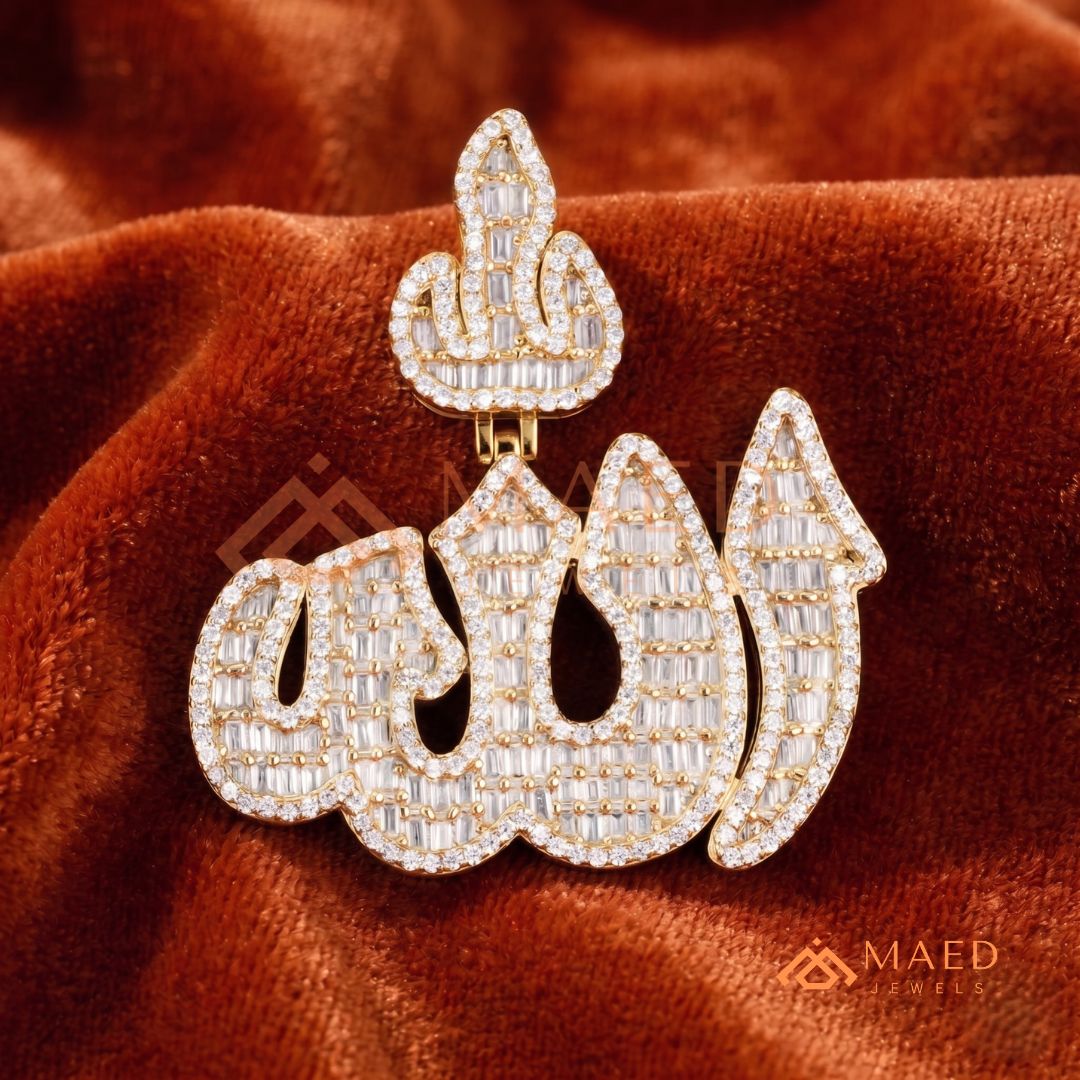 Iced Out Baguette Allah Calligraphy Pendant – 14K Gold, Rose Gold & Silver Religious Hip Hop Charm