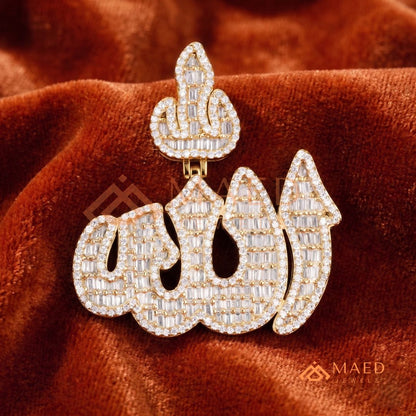Iced Out Baguette Allah Calligraphy Pendant – 14K Gold, Rose Gold & Silver Religious Hip Hop Charm