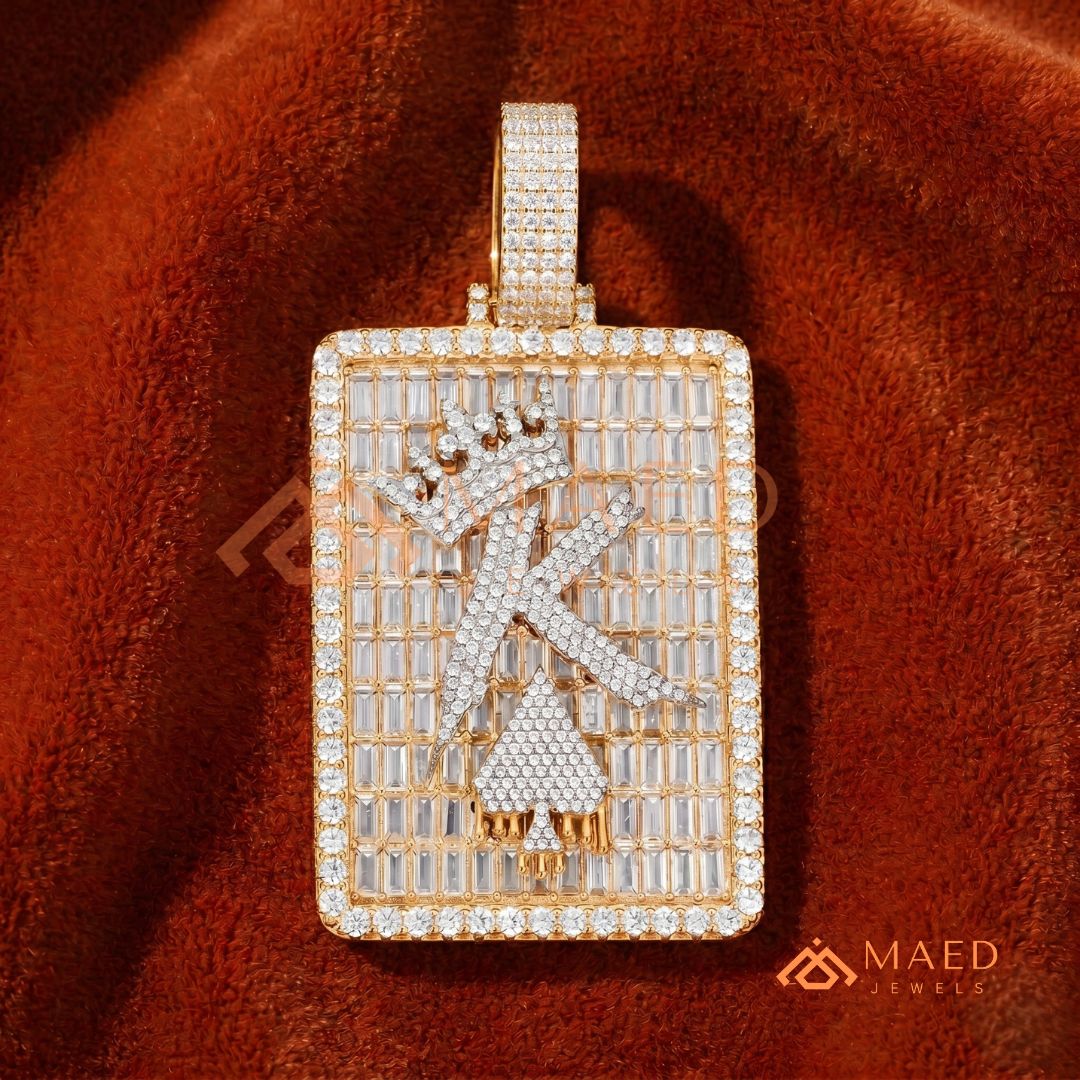 Iced Out King of Spades Dog Tag Pendant – 14K Gold, Rose Gold & Silver Baguette Custom "K" Charm