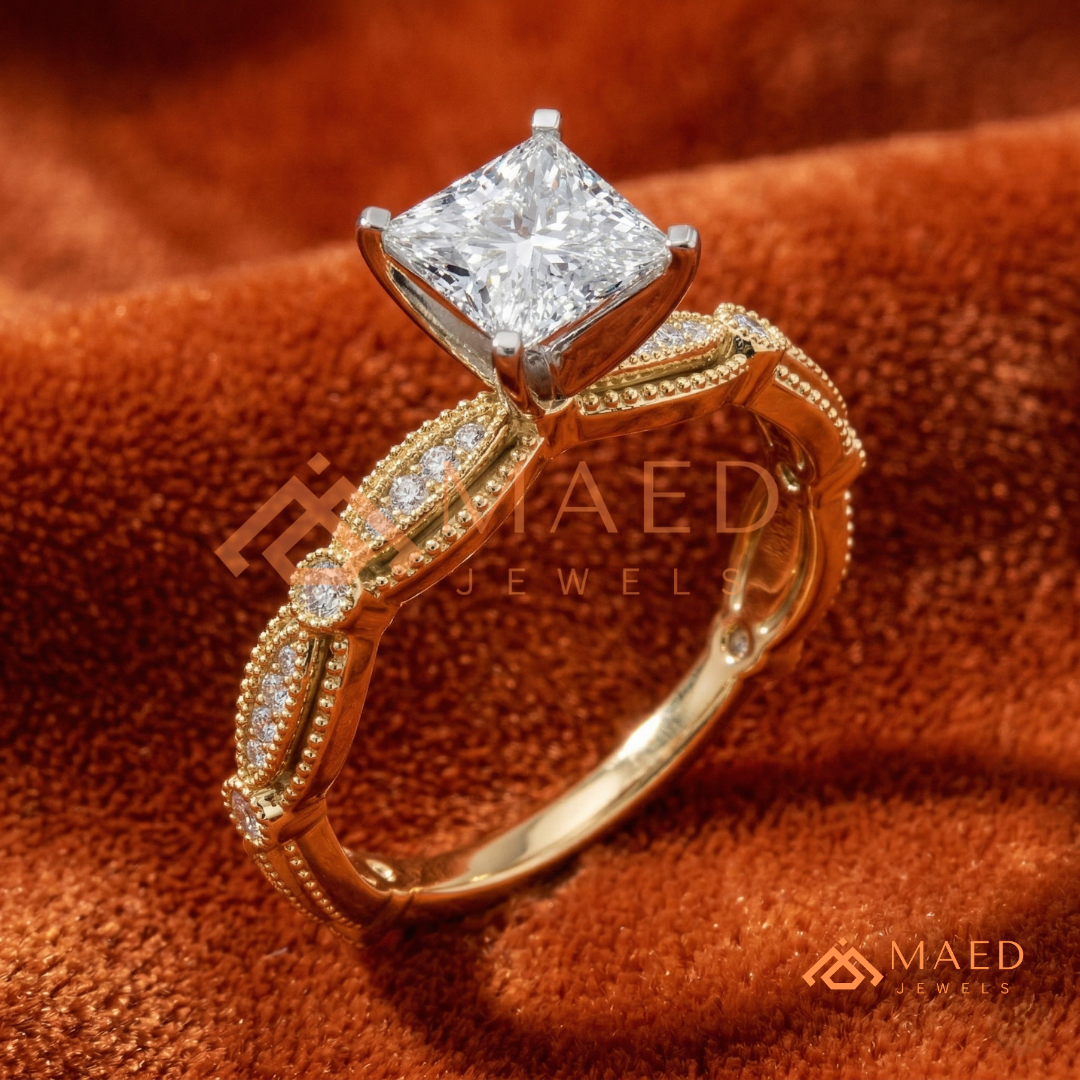 Princess Cut Vintage Engagement Ring in 14K Gold, Rose Gold & Silver | Antique Milgrain Pave Moissanite Ring for Women