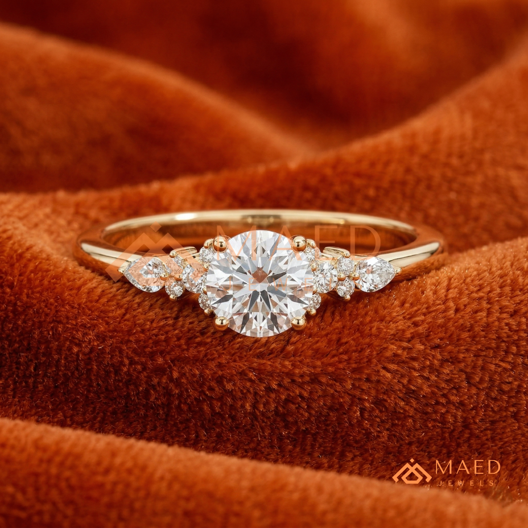 Round Cut Cluster Engagement Ring in 14K Gold, Rose Gold & Silver | Vintage Pear Accent Moissanite Ring for Women