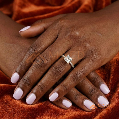 Classic Princess Cut Solitaire Engagement Ring with Hidden Halo and Pave Band in Silver, 14K Gold & Rose Gold