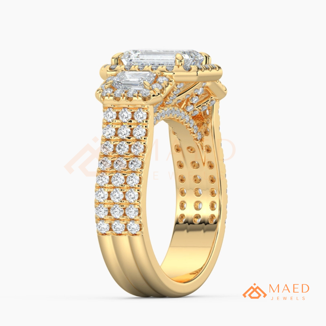 Three-Stone Emerald Cut Halo Engagement Ring | Triple Row Pave Band in 14K Gold & Silver