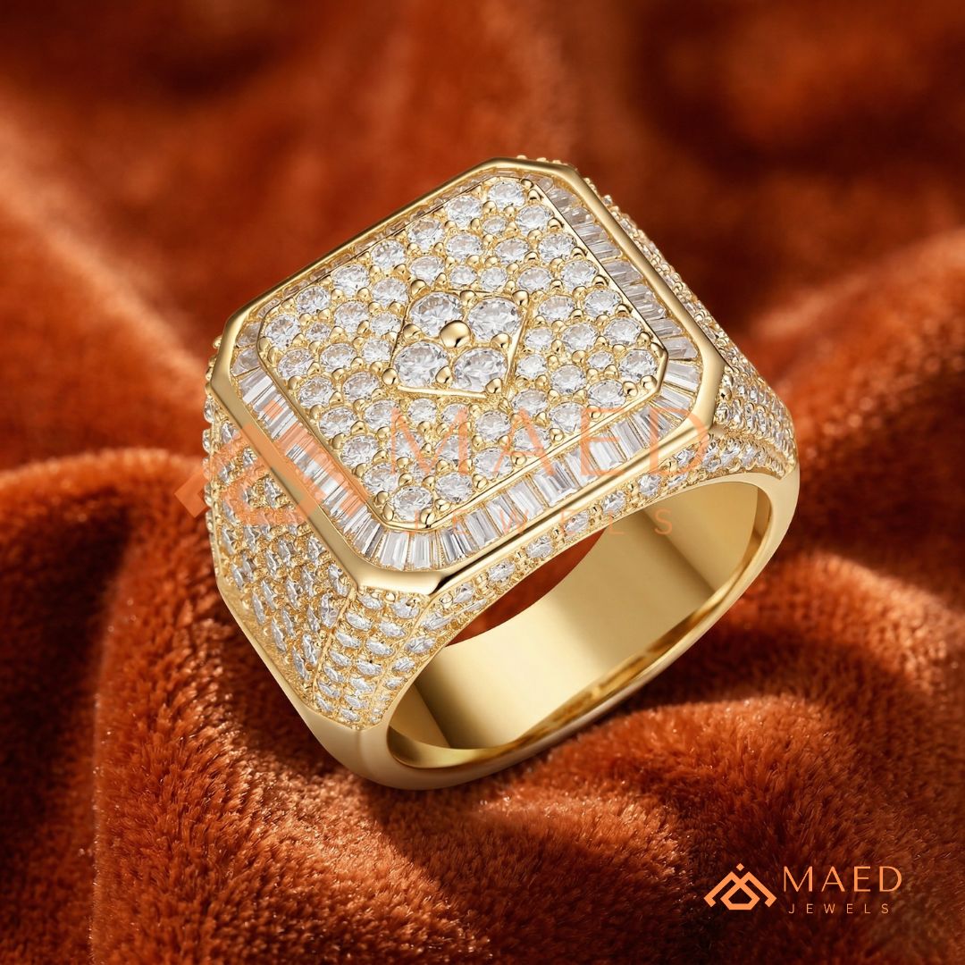 Men's Square Pave & Baguette Diamond Ring | Silver, 14K Gold & Rose Gold