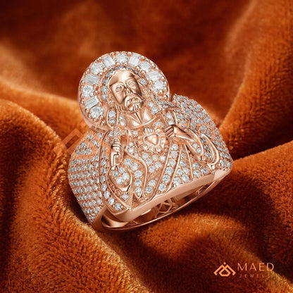 Men's Heavy Pave Crystal Jesus Portrait Ring in 925 Sterling Silver & 14K Gold Finish