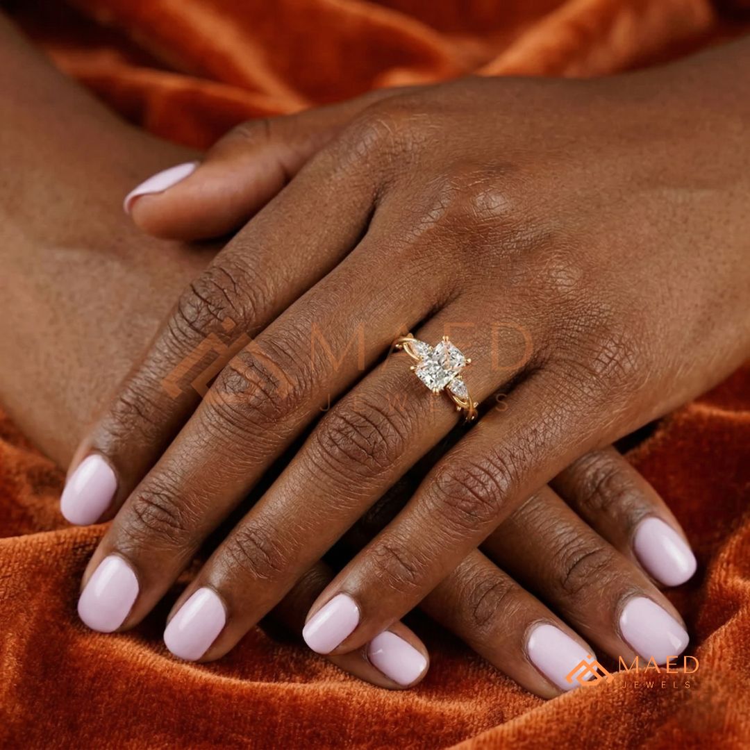 Nature-Inspired Radiant Cut Three-Stone Engagement Ring in Silver, 14k Gold, Rose Gold & Rose Gold