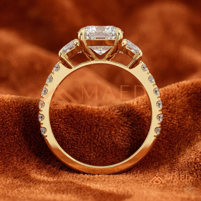 Classic Cushion Cut Three-Stone Engagement Ring with Half-Moon Side Stones in Silver, 14K Gold & Rose Gold