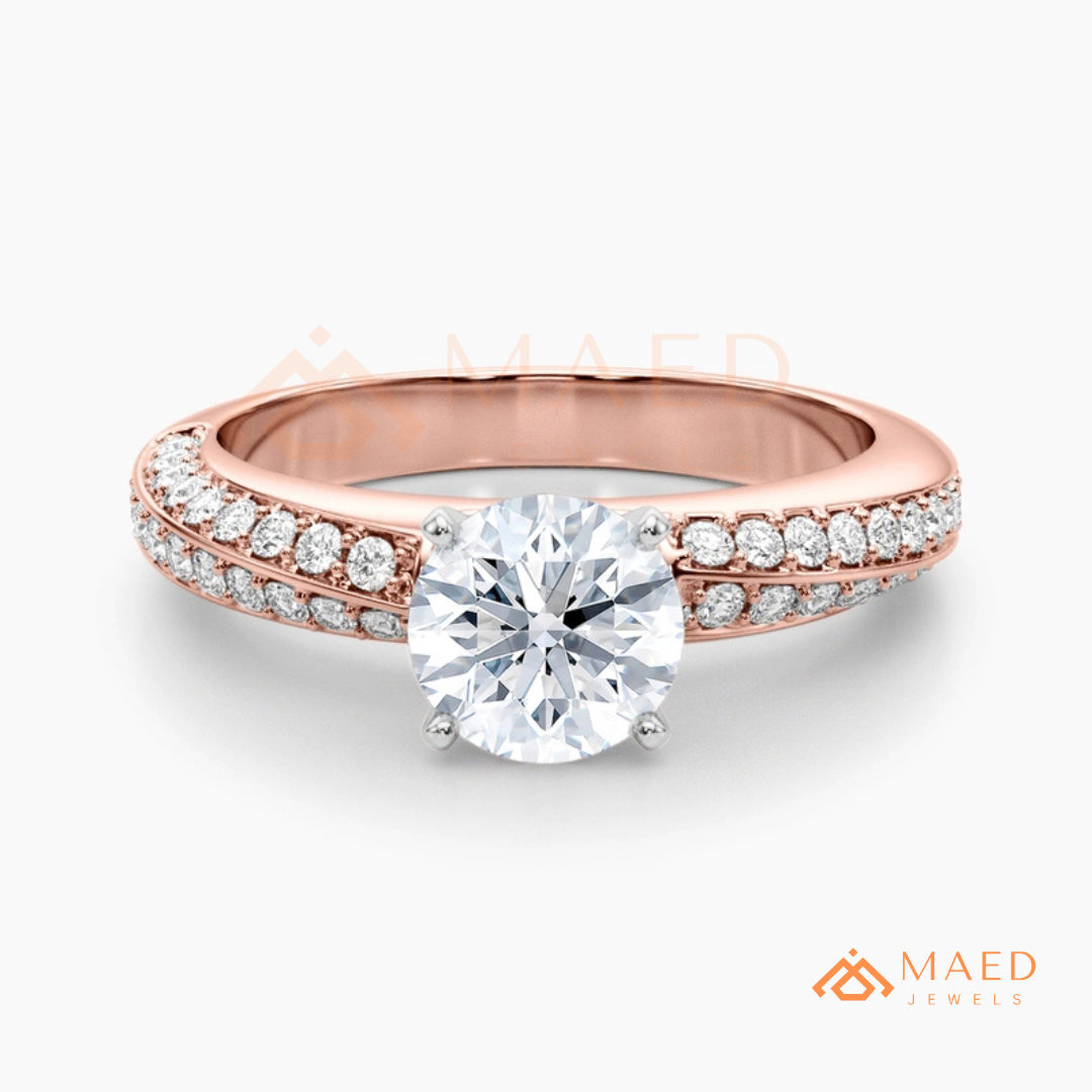 Round Brilliant Cut Ring with Double Row Pavé Band | 14k Gold, Rose Gold & Silver