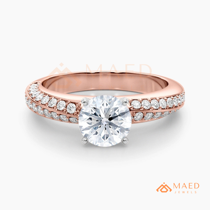 Round Brilliant Cut Ring with Double Row Pavé Band | 14k Gold, Rose Gold & Silver