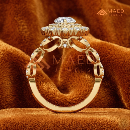 Vintage Pear Shaped Double Halo Engagement Ring with Pave Band in Silver, 14K Gold & Rose Gold