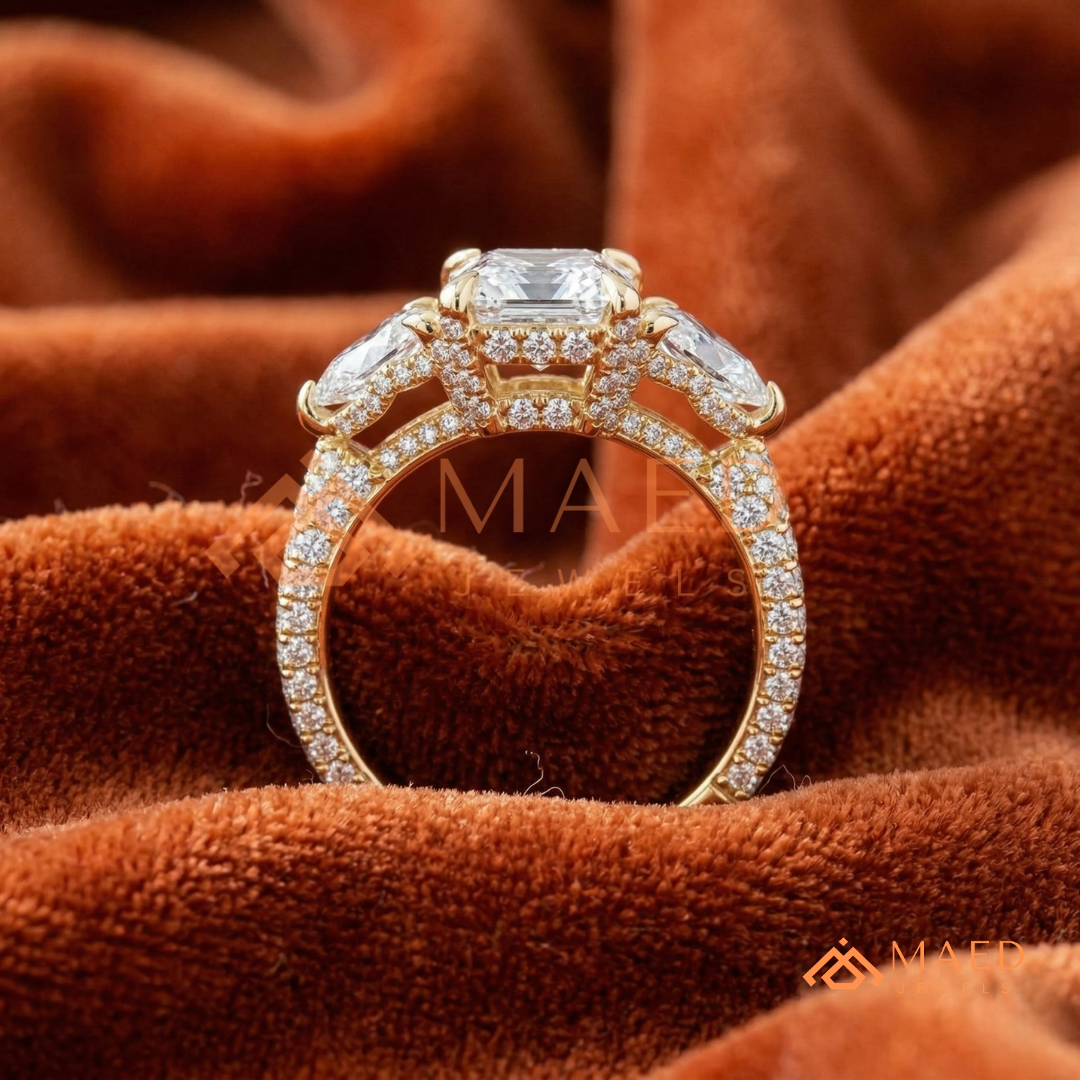 Modern Oval Cut Triple Row Engagement Ring with Baguette & Pavé Band