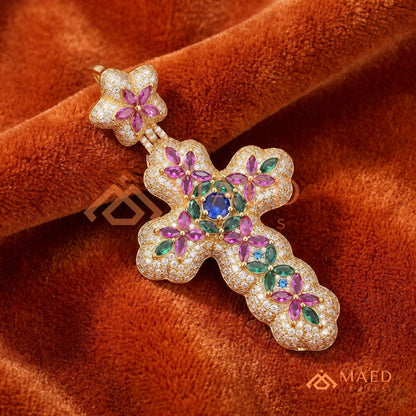 Iced Out Baroque Cross Statement Pendant with Pink & Green Stones