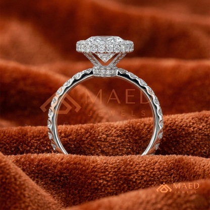 Oval Cut Halo Engagement Ring with Pavé Band in Silver, 14K Gold, & 14K Rose Gold