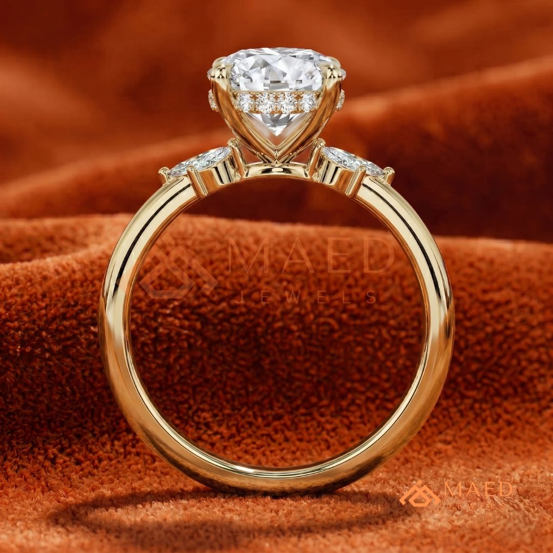 Round Brilliant Cut Ring with Marquise Floral Cluster | 14k Gold, Rose Gold & Silver