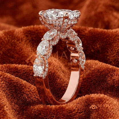 Oval Cut Engagement Ring with Large Round Accent Band | 14K Gold & Silver Shared Prong