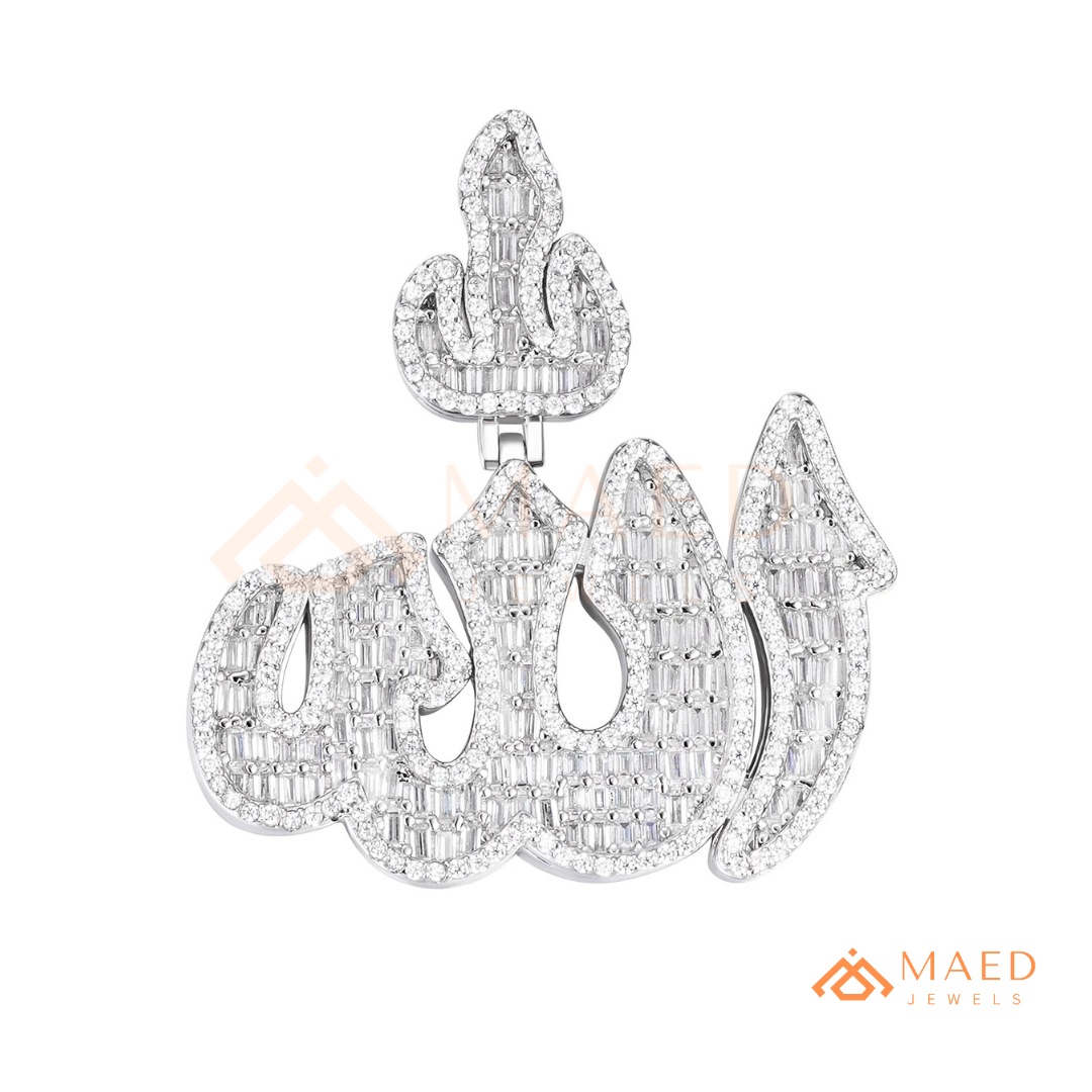Iced Out Baguette Allah Calligraphy Pendant – 14K Gold, Rose Gold & Silver Religious Hip Hop Charm