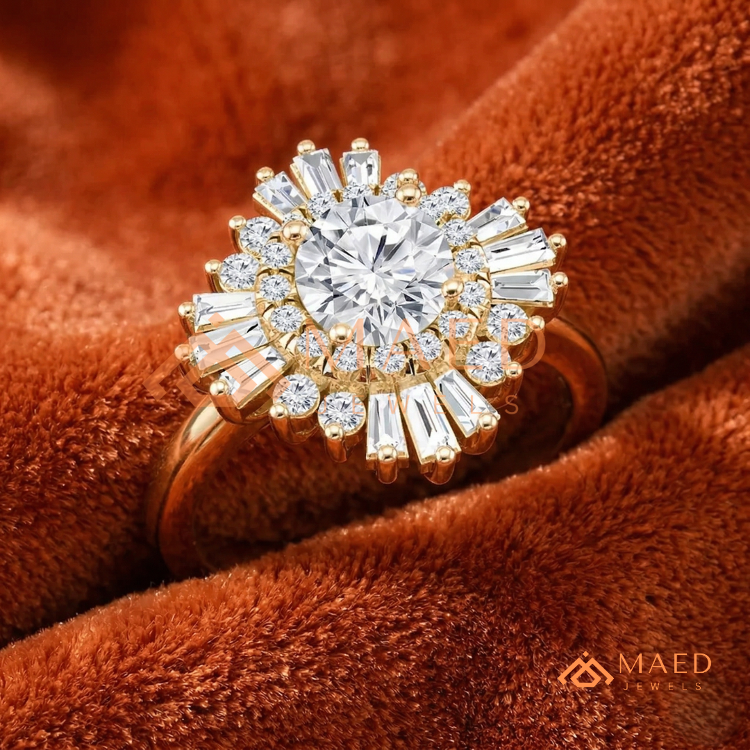 Vintage Art Deco Starburst Halo Ring in Sterling Silver, 14k Gold, or 14k Rose Gold