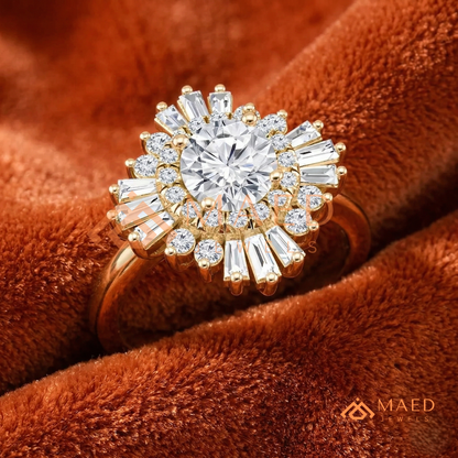 Vintage Art Deco Starburst Halo Ring in Sterling Silver, 14k Gold, or 14k Rose Gold