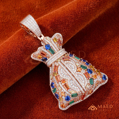 The Billionaire Sack Pendant | Multi-Color Gemstone Iced Dollar Sign Necklace