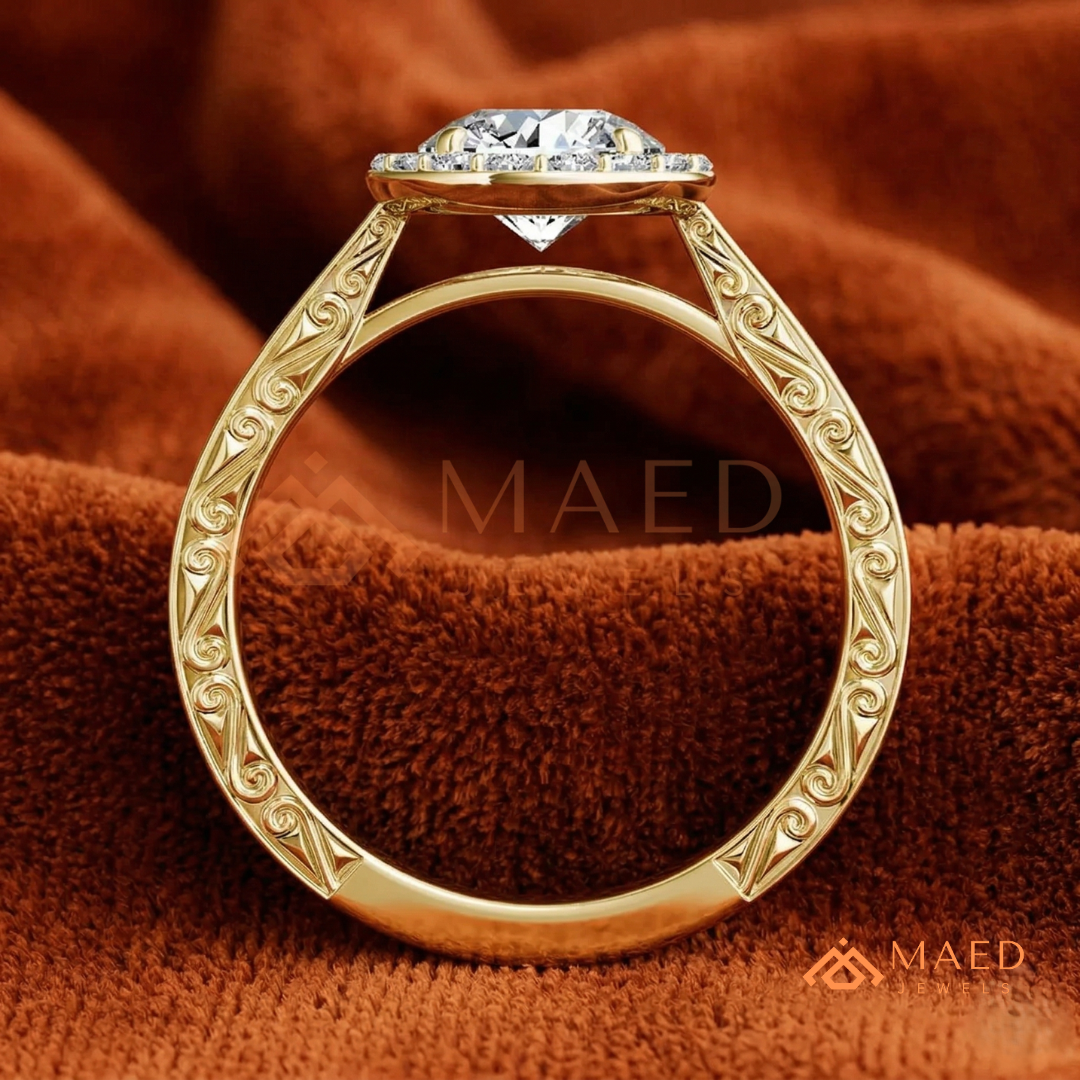 Vintage Milgrain Halo Diamond Simulant Ring in 14K Yellow Gold, Rose Gold & Silver