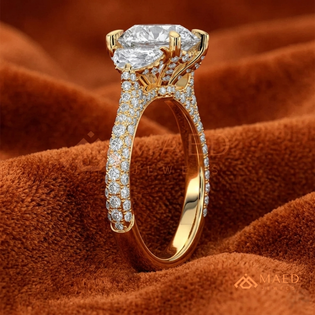 Round Brilliant and Half Moon Three Stone Ring | Multi-Row Pavé Band in 14k Gold & Silver