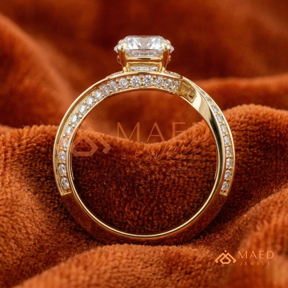 Oval Cut Bypass Halo Engagement Ring | Swirl Pavé Band in 14k Gold, Rose Gold & Silver