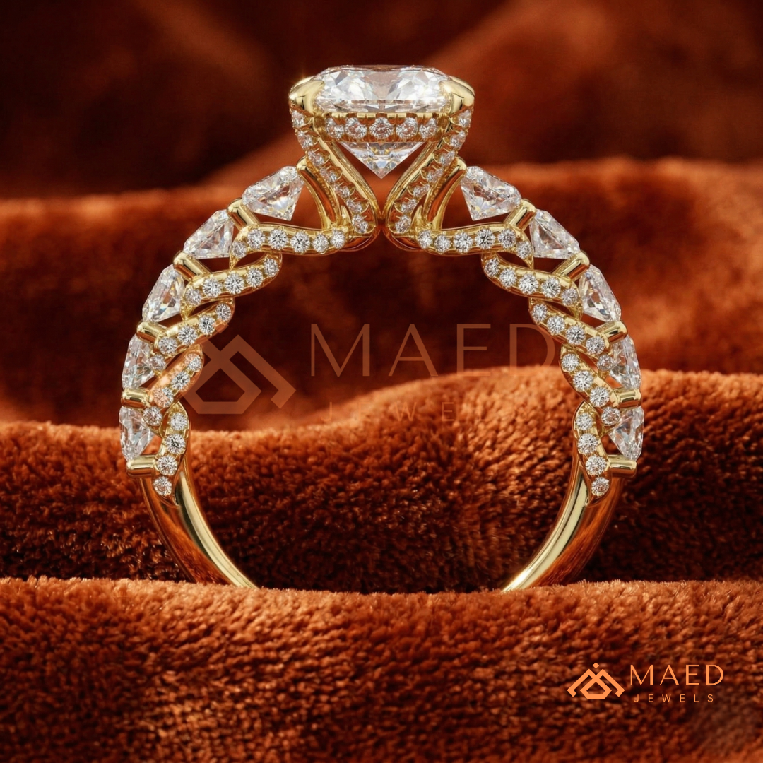 Elongated Oval Cut Engagement Ring with Oval Accent Band | 14k Gold, Rose Gold & Silver