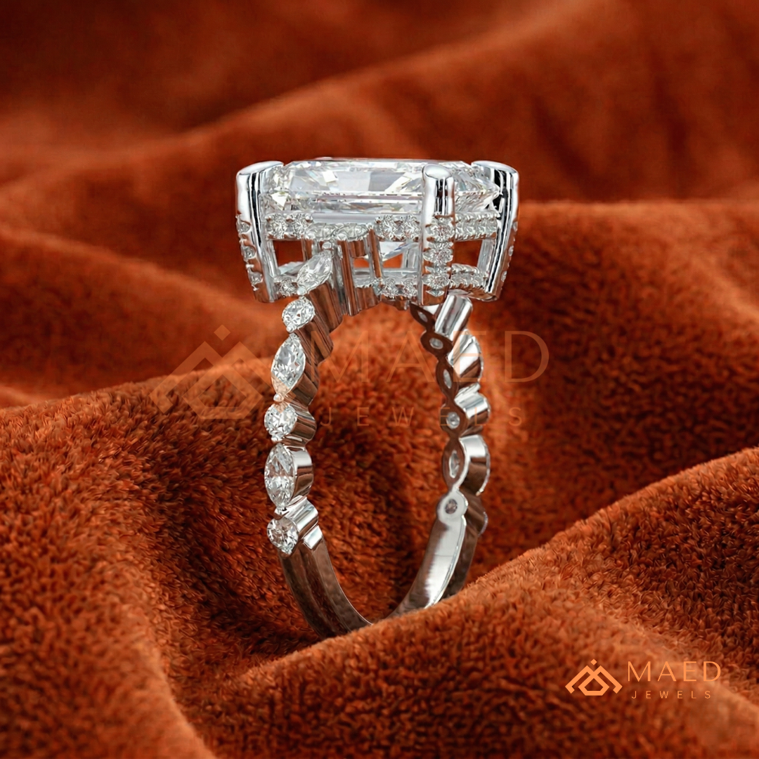 Radiant Cut Engagement Ring | Marquise & Round Cluster Band in 14K Gold, Rose Gold & Sterling Silver