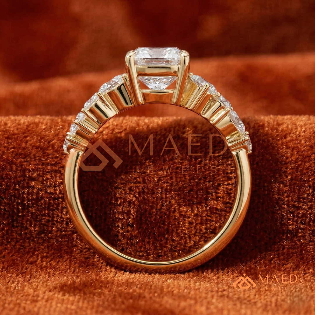 Cushion Cut Engagement Ring with Pear Accent Band in Silver, 14K Gold, & 14K Rose Gold