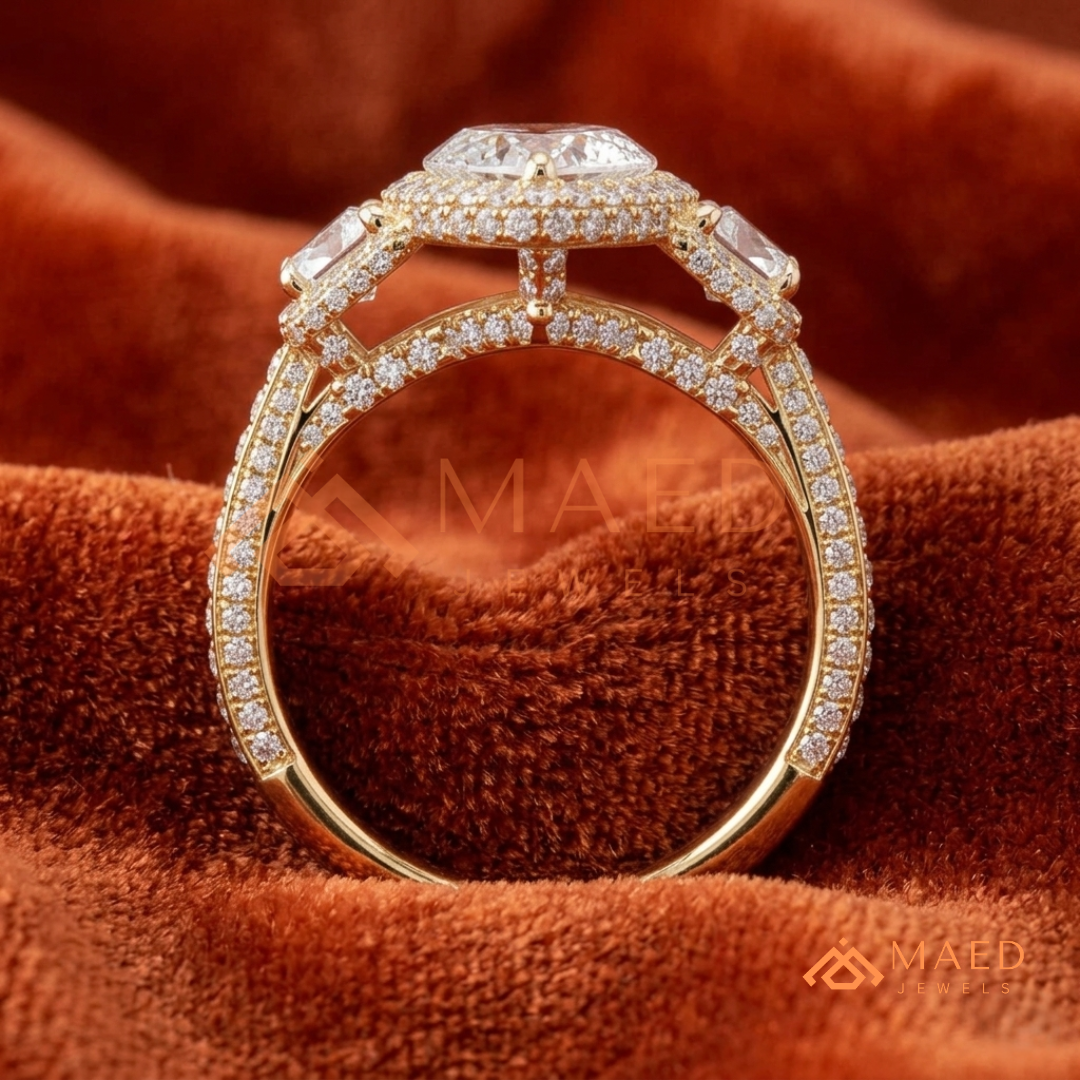 Vintage Marquise Cut 3-Stone Halo Ring with Triple-Row Pavé Band