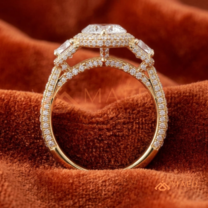 Vintage Marquise Cut 3-Stone Halo Ring with Triple-Row Pavé Band