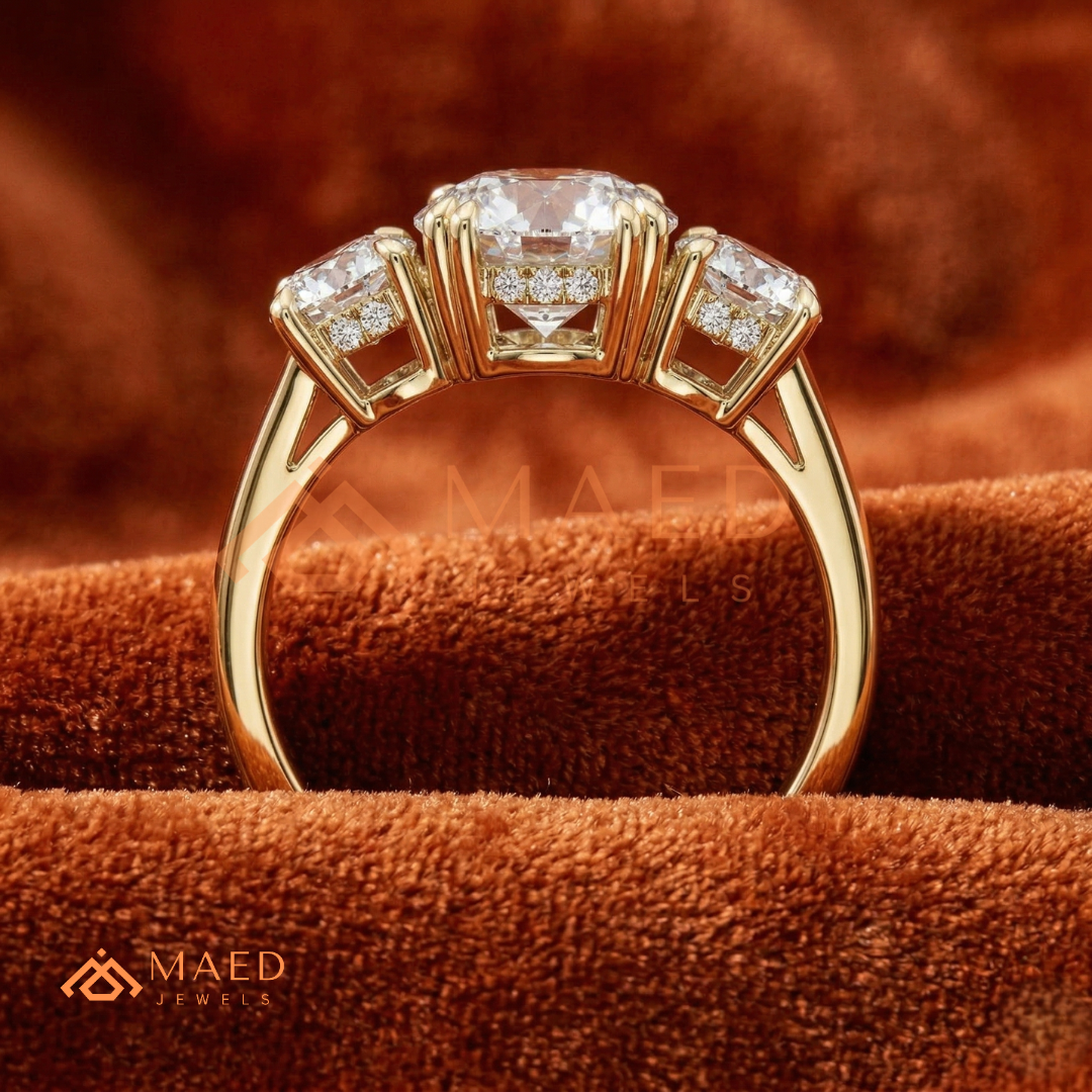 Three-Stone Round Cut Engagement Ring | Classic Trilogy Setting in 14K Gold, Rose Gold & Silver