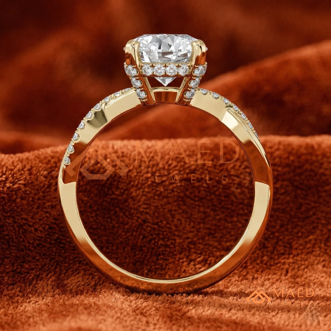 Round Cut Engagement Ring with Twisted Pavé Band in Silver, 14K Gold, & 14K Rose Gold